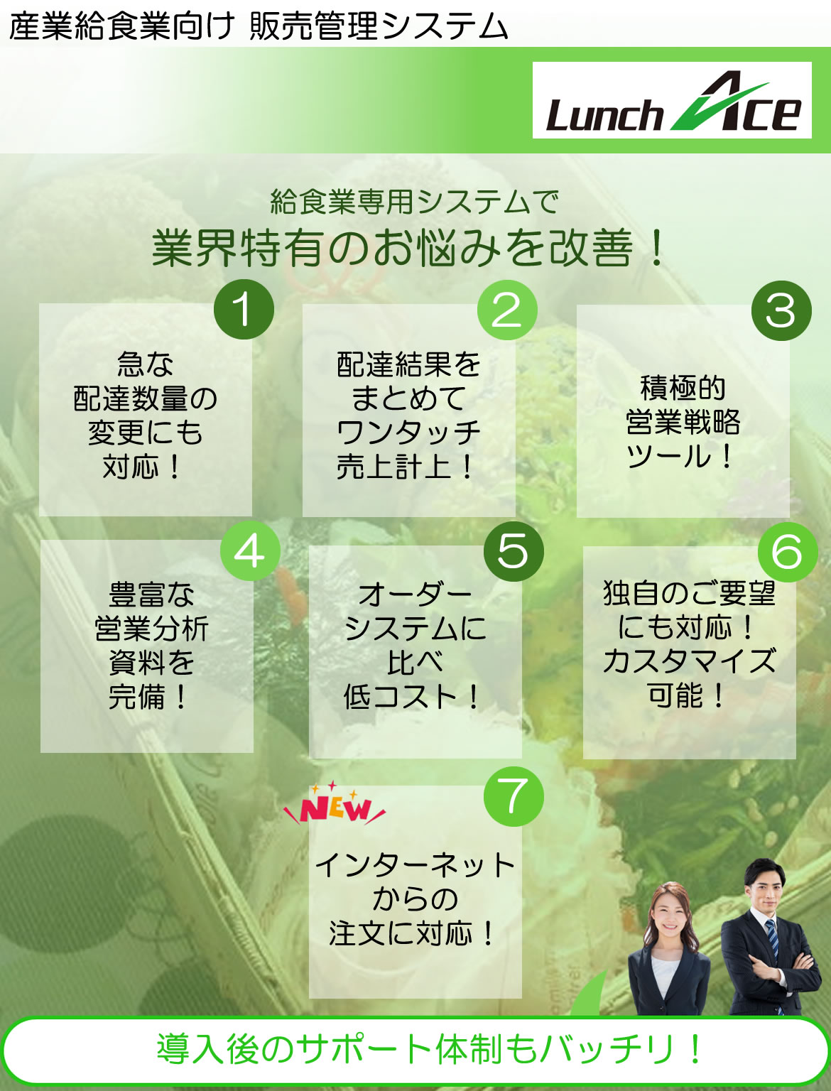 システムエース　lunch ace 産業給食業向け 販売管理システム　給食業専用システムで業界特有のお悩みを改善！急な配達数量の変更にも対応！配達結果をまとめてワンタッチ売上計上！積極的営業戦略ツール！豊富な営業分析資料を完備！オーダーシステムに比べ低コスト！独自のご要望にも対応！カスタマイズ可能！