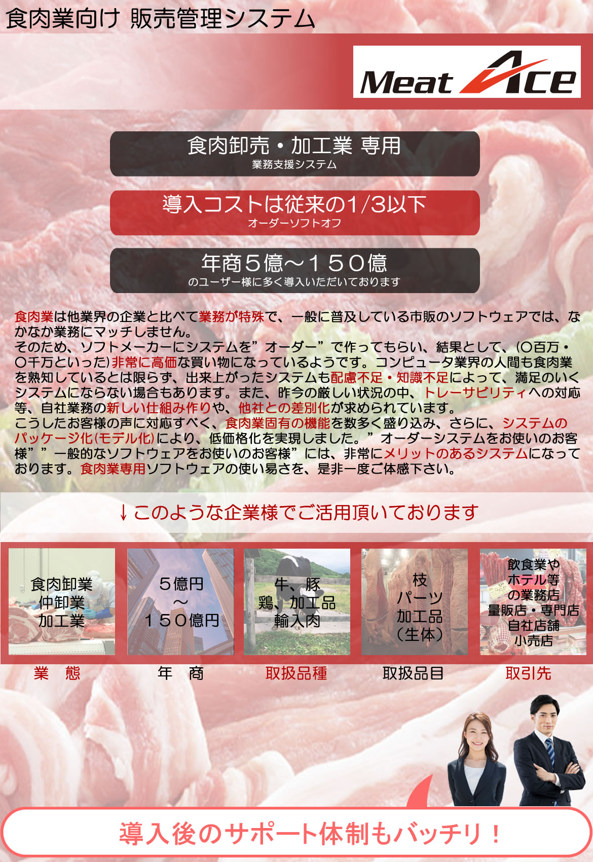 システムエース　食肉業向け 販売管理システム　Meat Ace　食肉卸売・加工業 専用業務支援システム　導入コストは従来の1/3以下　オーダーソフトオフ　年商５億～１５０億 のユーザー様に多く導入いただいております　食肉業は他業界の企業と比べて業務が特殊で、一般に普及している市販のソフトウェアでは、なかなか業務にマッチしません。
そのため、ソフトメーカーにシステムを”オーダー”で作ってもらい、結果として、(○百万・○千万といった)非常に高価な買い物になっているようです。コンピュータ業界の人間も食肉業を熟知しているとは限らず、出来上がったシステムも配慮不足・知識不足によって、満足のいくシステムにならない場合もあります。また、昨今の厳しい状況の中、トレーサビリティへの対応等、自社業務の新しい仕組み作りや、他社との差別化が求められています。
こうしたお客様の声に対応すべく、食肉業固有の機能を数多く盛り込み、さらに、システムのパッケージ化(モデル化)により、低価格化を実現しました。”オーダーシステムをお使いのお客様””一般的なソフトウェアをお使いのお客様”には、非常にメリットのあるシステムになっております。食肉業専用ソフトウェアの使い易さを、是非一度ご体感下さい。