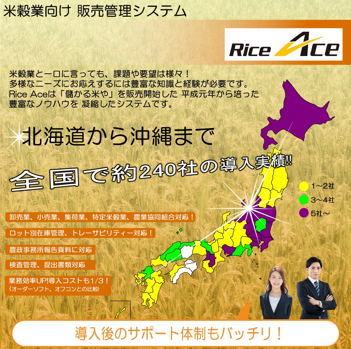 システムエース米穀業向け 販売管理システムRice Ace 米穀業と一口に言っても、課題や要望は様々！ 多様なニーズにお応えするには豊富な知識と経験が必要です。 Rice Aceは「儲かる米や」を販売開始した 平成元年から培った豊富なノウハウを 凝縮したシステムです。北海道から鹿児島まで全国で約230社の導入実績!!卸売業、小売業、集荷業、特定米穀業、農業協同組合対応！ロット別在庫管理、トレーサビリティー対応！農政事務所報告資料に対応 検査管理、提出書類対応 業務効率UP!導入コストも1/3！(オーダーソフト、オフコンとの比較) 導入後のサポート体制もバッチリ！